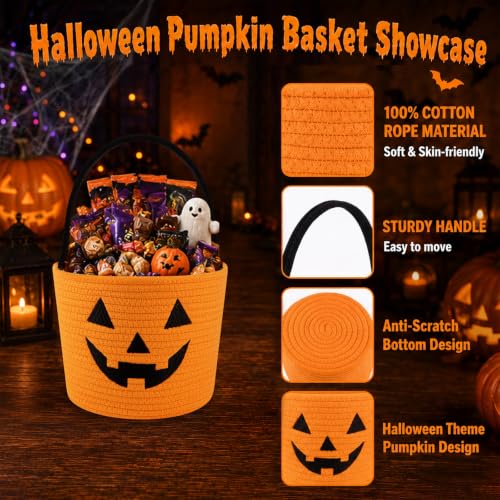 Halloween Bucket for Kids - Pumpkin Basket with Handle, Orange, Medium