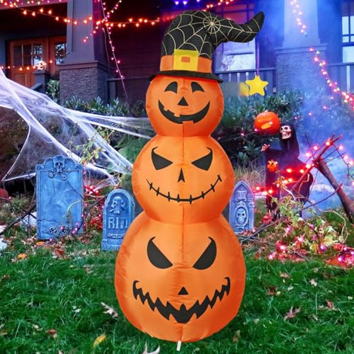 4FT LED Light-Up Halloween Inflatable Pumpkins with Witch Hat - Outdoor Yard Decor
