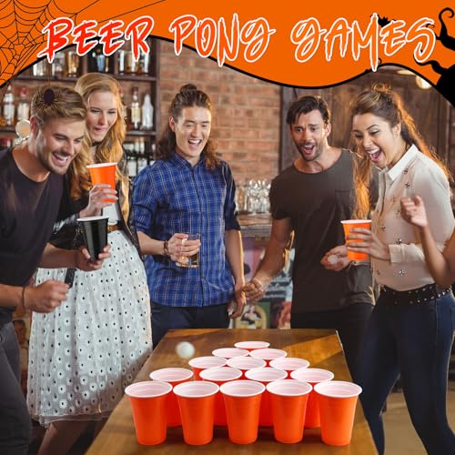 Halloween Plastic Cups 16oz - 50 Pack Disposable Black & Orange Party Cups