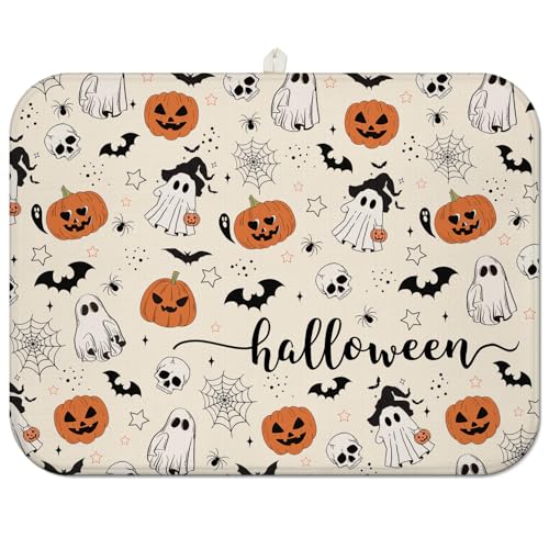 Halloween Dish Drying Mat for Kitchen Counter - Happy Halloween 18x24 Inch Pumpkin Ghost Pattern Microfiber