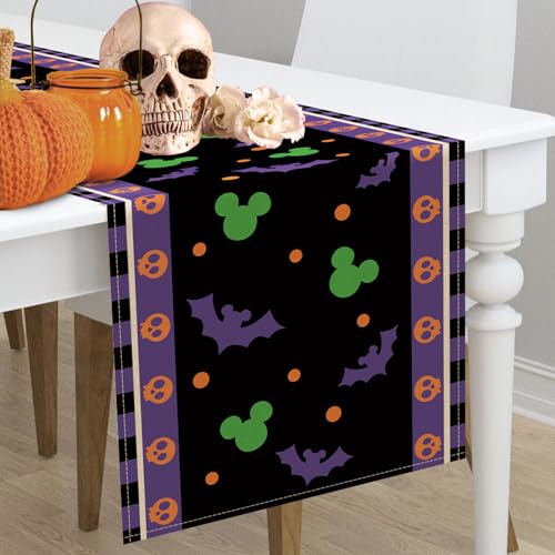 Halloween Bat Table Runner 13x90 Inch with Skull & Polka Dot Design - Black Purple
