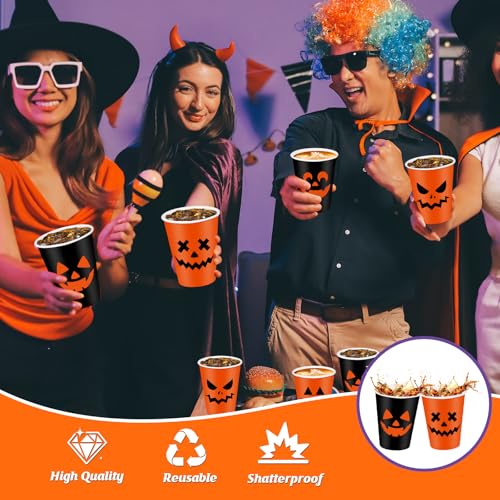 Halloween Pumpkin Disposable Coffee Cups with Lids - 12oz Bulk Set, Black & Orange
