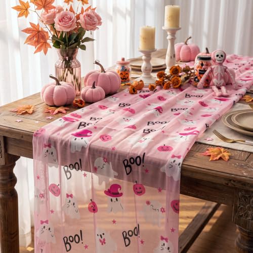 Halloween Gauze Table Runner Pink Ghost 28x118 Inches - Set of 3