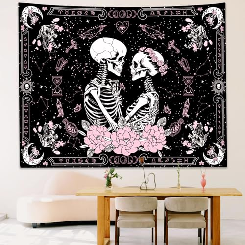 Pink & Black Gothic Skull Tapestry for Bedroom - Witchy Wall Decor 60 x 44 inches