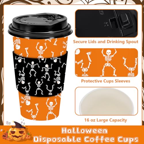 Halloween Skeleton Paper Cups with Lids & Sleeves - 48 Pack, 16oz, Orange Black
