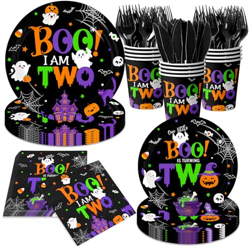 Halloween Ghost Party Supplies Set for Kids 2nd Birthday - Plates, Cups, Napkins & Cutlery