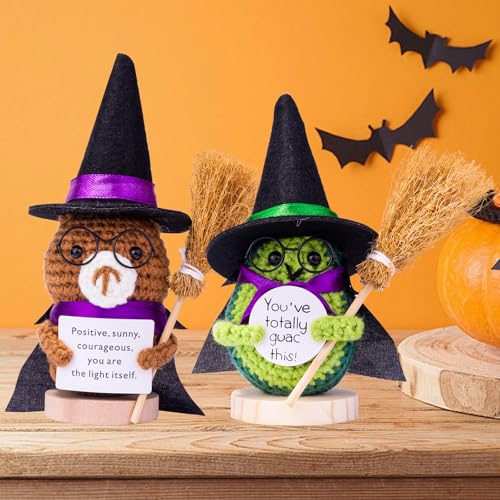 Halloween Emotional Support Cucumber Doll with Witch Hat - Knitted Crochet Toy, Gift for Kids & Adults - A9-Bear Variation