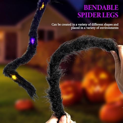 1 Pack 8 Modes Light-Up Halloween Giant Spider - 5 Ft with Purple & Orange Lights, Outdoor Yard Decor