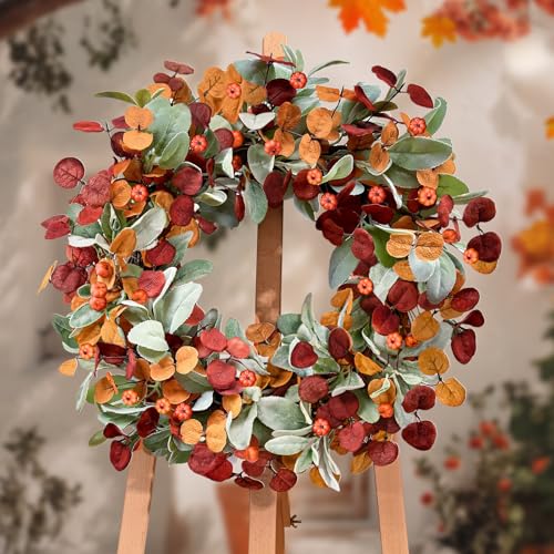 Fall Wreaths for Front Door - 26 Inch Autumn Door Decor with Lambs Ears, Leaves, Pumpkin - Set of 1 (Orange, Red, Green)