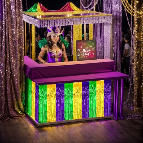 29.5x108 Inch Green Gold Purple Mardi Gras Foil Fringe Table Skirts - 6 Pack