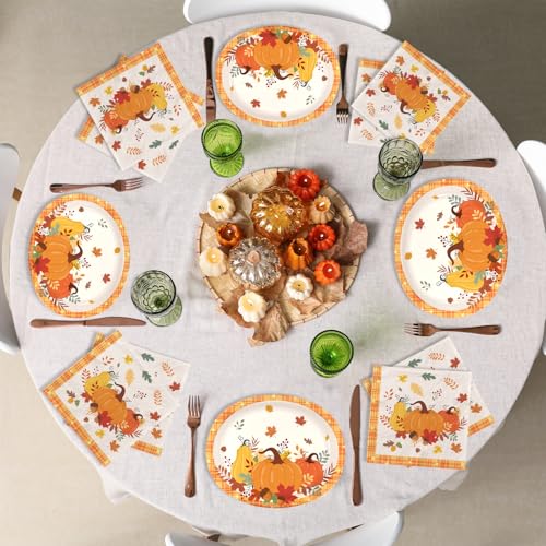 Fall Pumpkin Paper Plates & Napkins Set for 50 Guests - Autumn Party Tableware