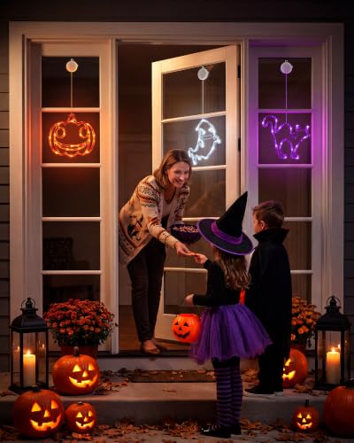 Minetom 3 Pack Halloween Window Lights - Pumpkin Ghost Cat with Timer - Battery Operated Decorations