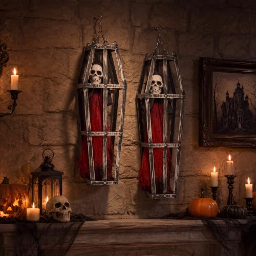 Pirate Skeleton Hanging Decor Set - 2 Pieces Halloween Coffin Cage Skeleton with Red Dress