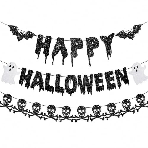Halloween Banner Decorations with Bat Ghost Skull Glitter Pre-Strung Party Supplies
