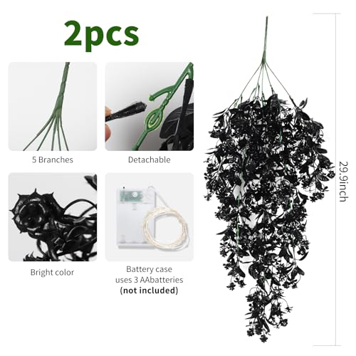 Artificial Black Hanging Flowers with Lights - Halloween Gothic Decor, 2 Pack - Variation: Black Rose