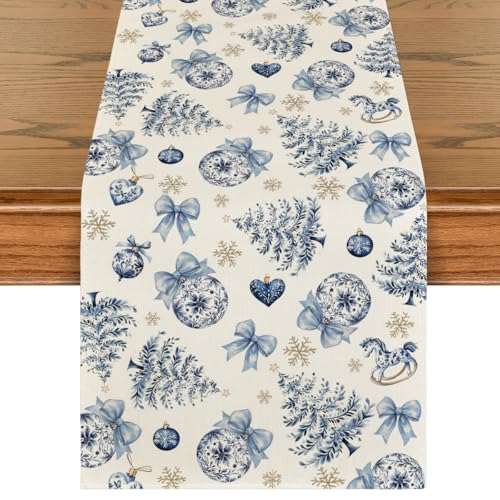13 x 108 Inch Christmas Table Runner - Blue Winter Holiday Decor - Artoid Mode