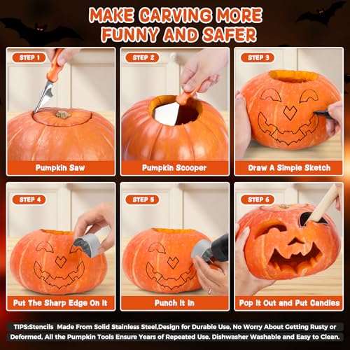 Pumpkin Carving Kit 30 Pcs with Stencils, Tools & Candles for Halloween DIY Kids & Adults