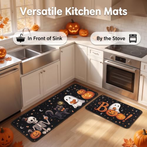 Halloween Kitchen Mat Set of 2 Non Slip Ghost Skeleton Rug - Boo