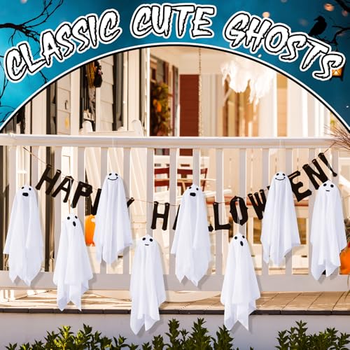 Halloween Hanging Ghost Decorations Set - 12 White Cloth Ghosts for Indoor Outdoor Spooky Decor