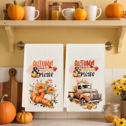 Fall Hand Towels Set of 2 - Pumpkin & Retro Truck Kitchen & Bathroom Decor