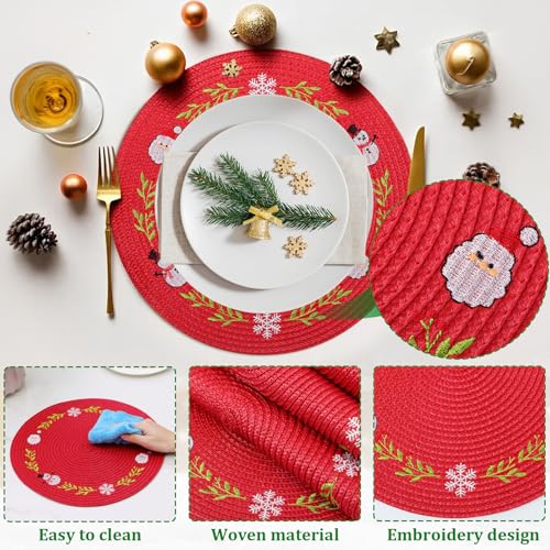 Christmas Round Placemats Set of 6 with Santa Claus Embroidery - Holiday Table Decor
