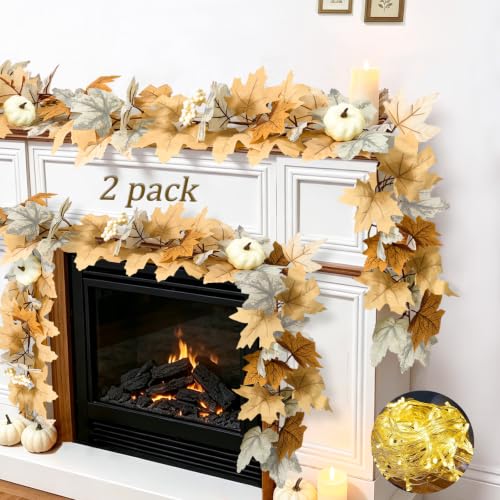 2 Pack Fall Garland with Lights - Maple Leaf Pumpkin Berries Autumn Decor 6Ft