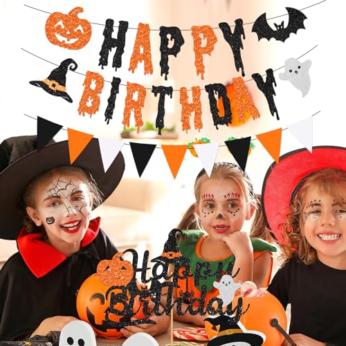 Halloween Birthday Banner with Pumpkin Ghost & Bat Glitter Decorations