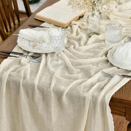 120 Inch 3-Piece Boho Beige Gauze Wedding Table Runner Set - Durable Fabric for Home & Party Decor