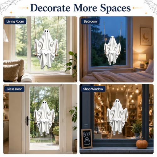Halloween Static Window Cling - Cute White Ghost on Swing - Reusable Spooky Ghost Window Sticker - Style6