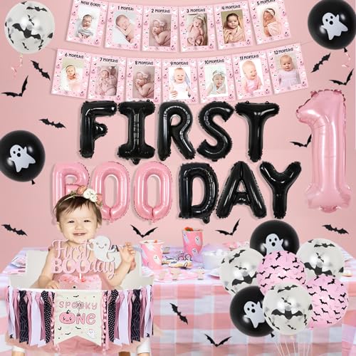 Halloween First Birthday Decorations Girl Banner Balloons Cake Topper Bat Wall Stickers