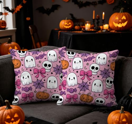 Pink Ghost Skull Throw Pillow Covers 20x20 Inch Set of 2 Halloween Cushion Covers - Pink Ghost Variation