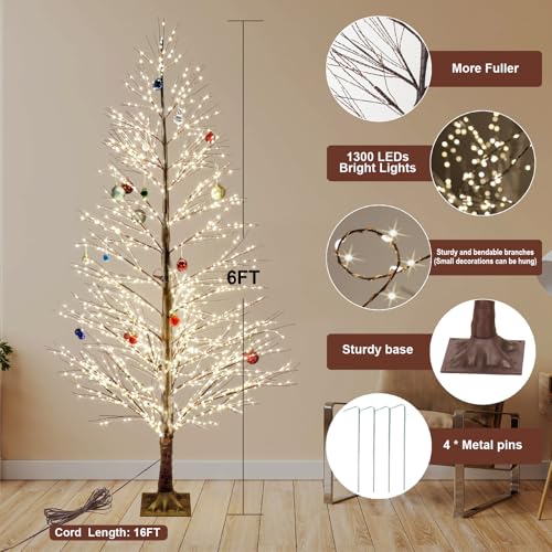 Brown 6FT Lighted Birch Tree with 1300 LEDs, Twinkle Lights, Timer, Waterproof Indoor Outdoor Christmas Decoration - Multifunction