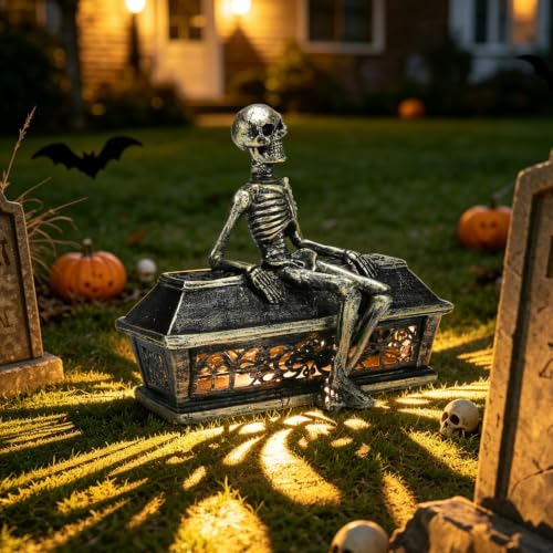 Solar Halloween Garden Skeleton Statue with Light Projection - 7.1 Inches