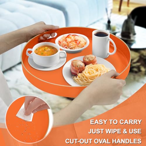 13-Inch Orange Decorative Serving Tray with Handles - Round Plastic Organizer