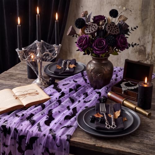 Halloween Bat Table Runner 10ft Purple Tulle & Cheesecloth Decor - Set of 3