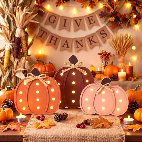 Pink Wooden Pumpkin Decor with LED Lights - Fall Halloween Thanksgiving Centerpiece