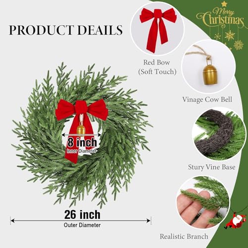 26-Inch Christmas Wreath with Red Bow & Bell - Artificial Front Door Decor - Style3