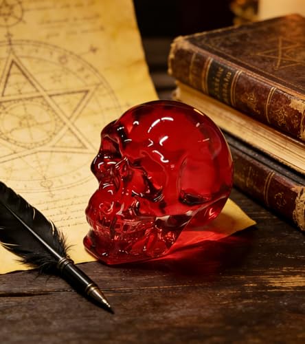 Red Crystal Skull Figurine - Handmade Glass Gothic Decor, Compact Size