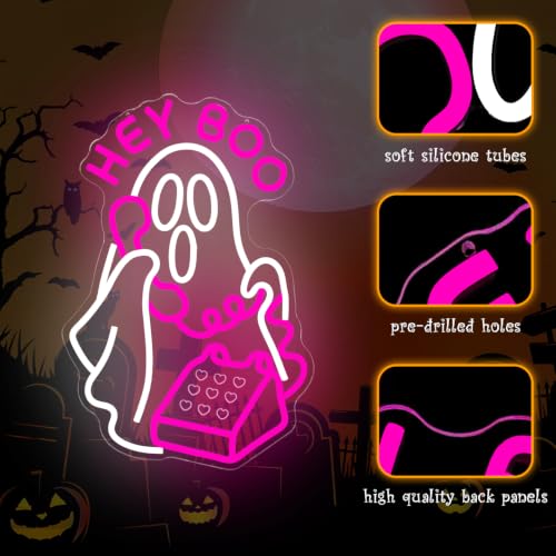 Hey Boo Halloween Neon Sign for Wall Decor Pink Ghost Dimmable USB LED