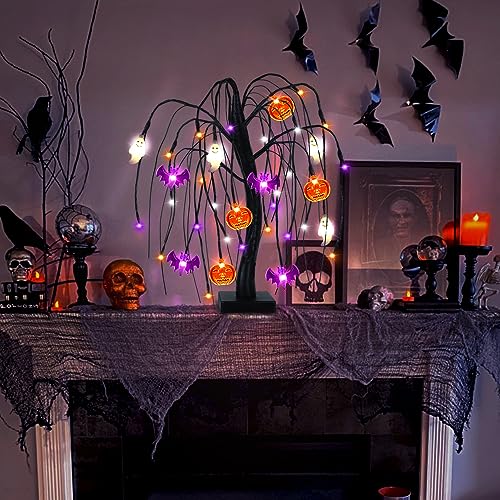 Halloween Willow Tree with LED Pumpkin Bat Ghost Lights - Orange, Purple, White - 18 Inch Spooky Indoor Decoration with Timer & USB/Battery Operated