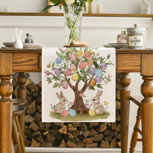Easter Bunny Rabbit Eggs Tree Table Runner - 13 x 60 Inch Beige Seasonal Floral Decor