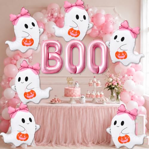 Pink Boo Balloons Halloween Decorations Foil Ghost Balloons - Pink Bow