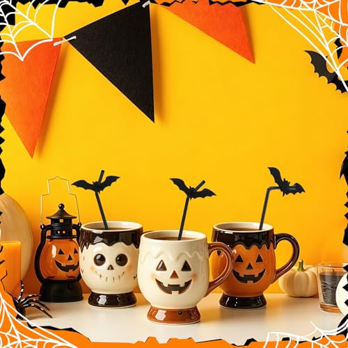 Halloween Black Glitter Bat Drinking Straws with Bat Style Toppers - 40 Pcs