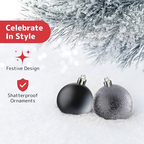 Black Christmas Ornaments Set - 36 Shatterproof Balls in 6 Styles & 3 Sizes