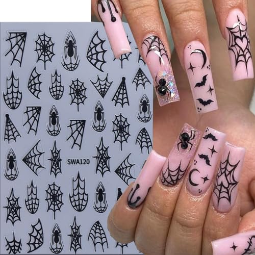 Halloween Spider Web Nail Stickers - 6 Sheets Self-Adhesive 3D Nail Decals for Manicure