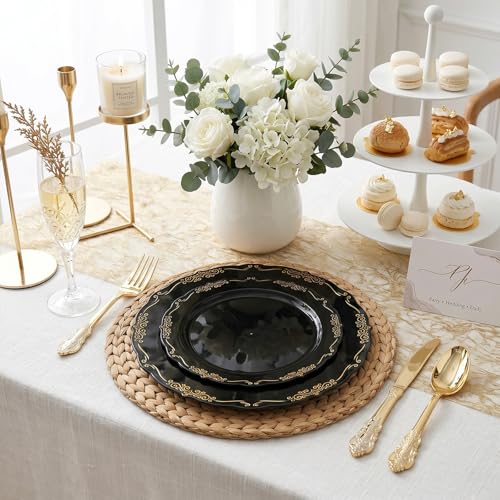 Black and Gold Plastic Dinnerware Set - 150 Pieces for Parties & Events