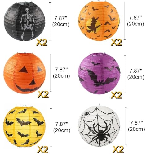 Halloween Paper Lanterns 12 Pack - 8 Inch Hanging Decorations with Pumpkin Bat Witch Skeleton Web Designs