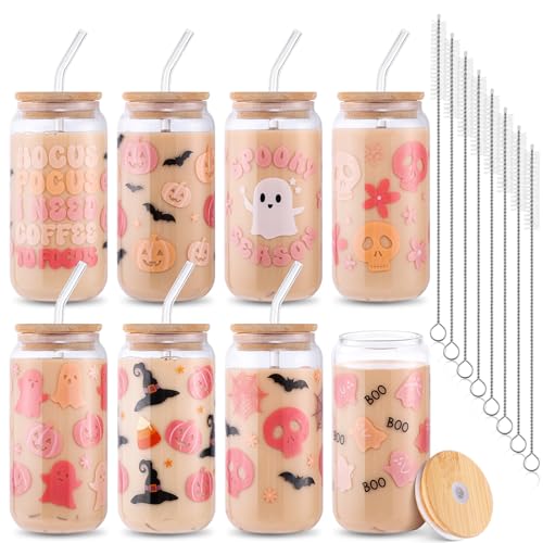 Halloween Pink Ghost Glass Cups Set - 8 Pcs, 16oz, Spooky Ghost Theme, Gift Idea