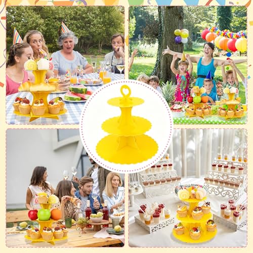 3-Tier Cupcake Stand 2 Pack Dessert Tower with Yellow Round Trays for Parties