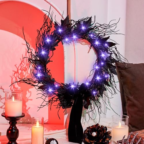 Black 16-Inch LED Halloween Wreath with Battery Timer - Spooky Decor